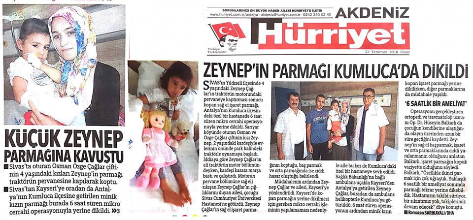 Sivas'tan gelen Zeynep'in parmağı Medikum'da dikildi