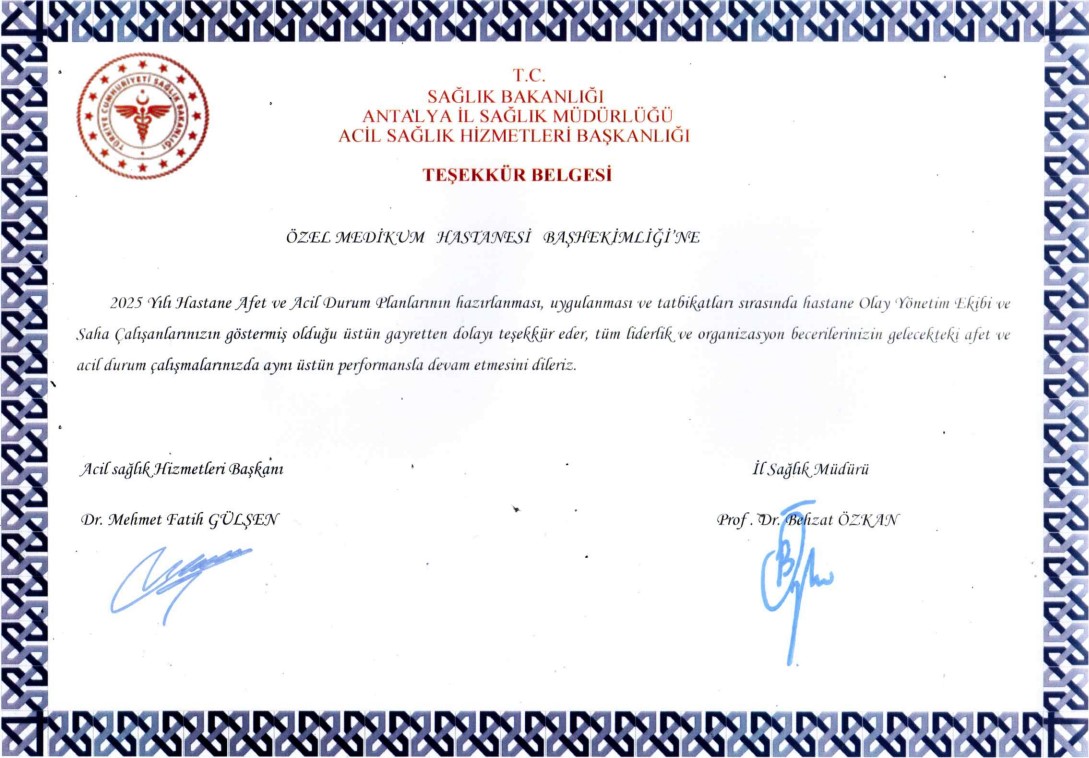 Özel Medikum Hastanesi'ne Anlamlı Teşekkür Belgesi